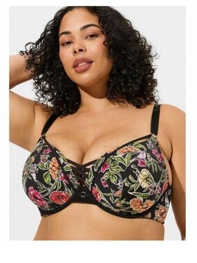 torrid Black Floral Underwire plunge Bra with Lace-Up Front